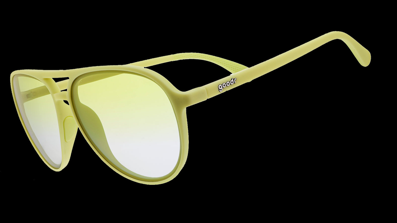 Pair of light yellow goodr aviator sunglasses