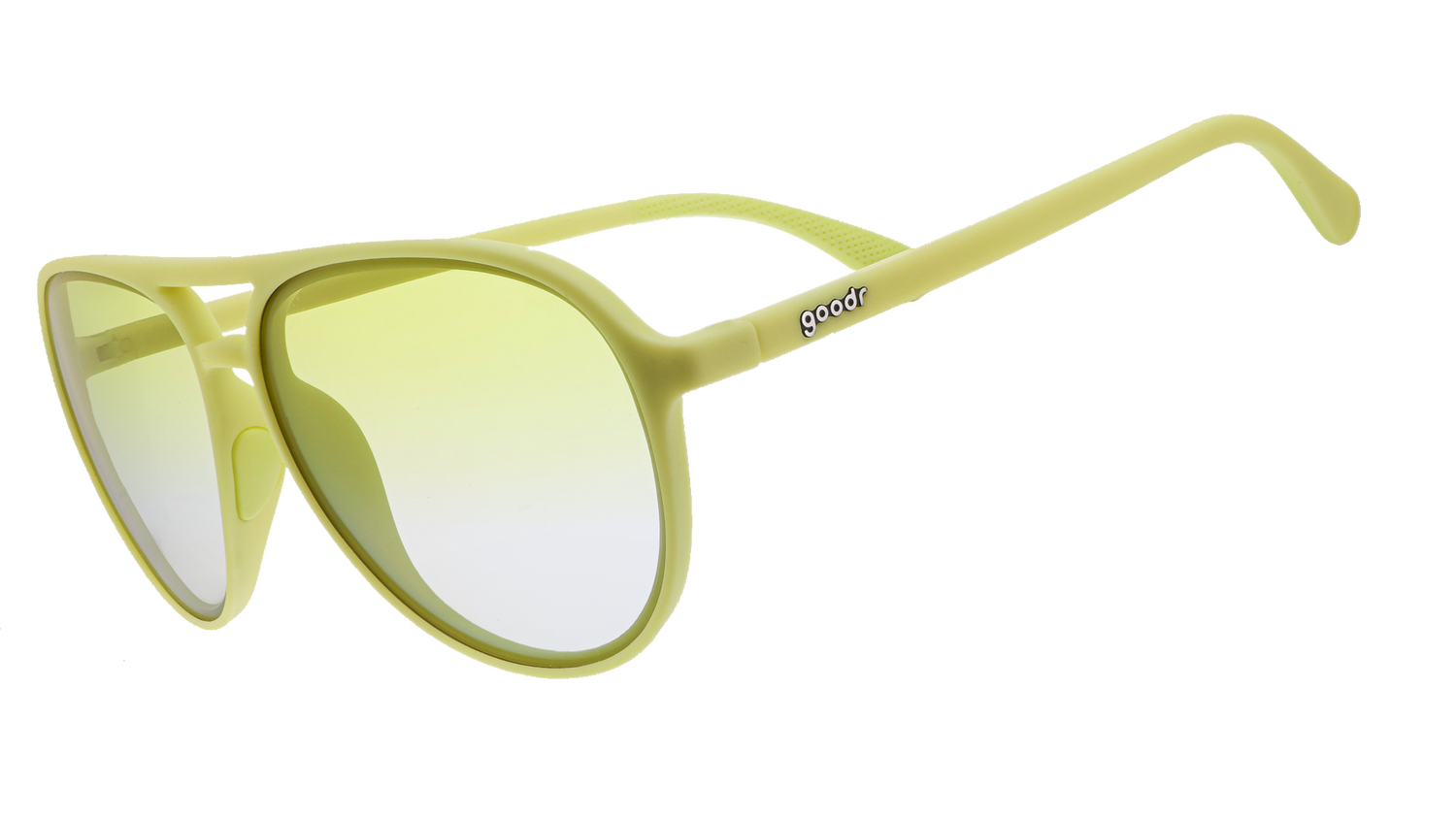 Pair of light yellow goodr aviator sunglasses