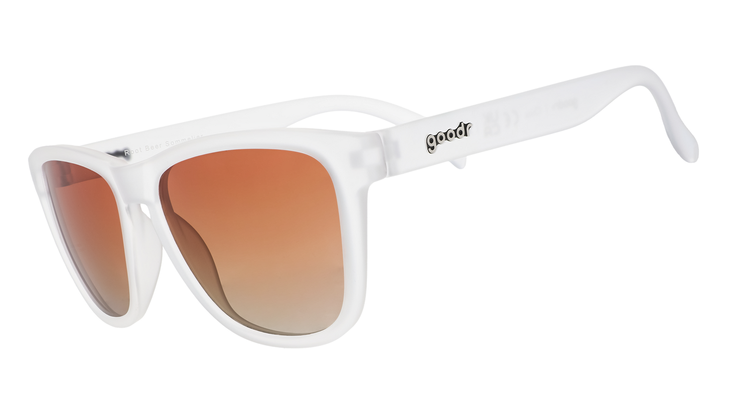 Three-quarter view of a pair of clear sunglasses with brown gradient lenses in a classic frame shape.