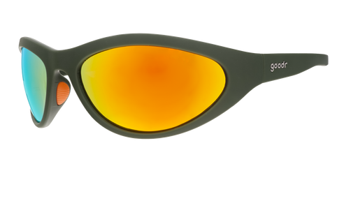 Oval goodr sunglasses with yellow and blue lenses and green frames