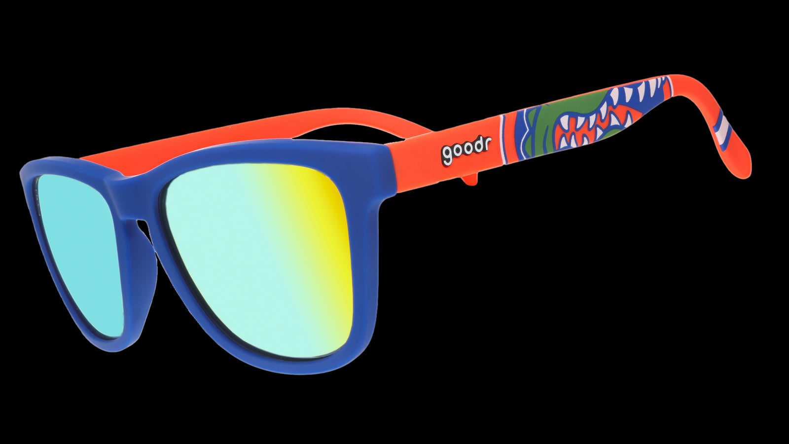 Florida Gator sunglasses with blue and orange frames and reflective yellow lenses.