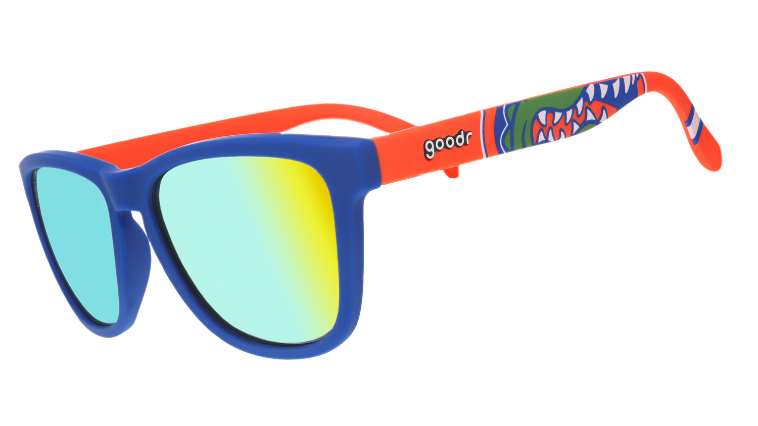 Florida Gator sunglasses with blue and orange frames and reflective yellow lenses.
