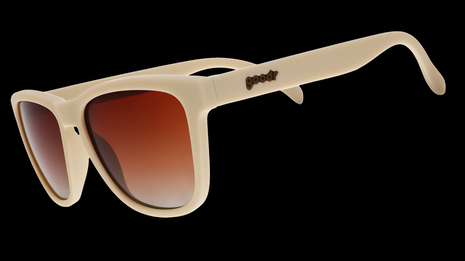 A pair of square sunglasses with light beige frames and orange lenses.