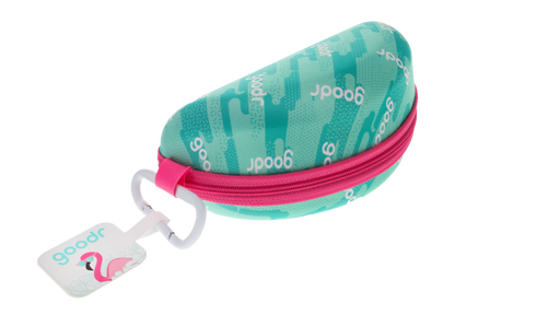 Teal goodr sunglass case with a pink zipper
