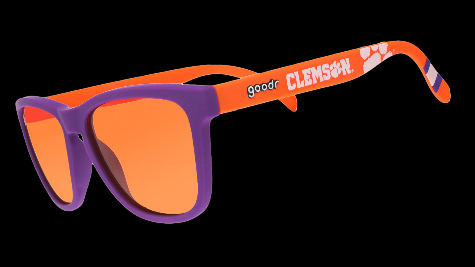 Special edition orange and purple Clemson Universitty goodr sunglasses on a white background.