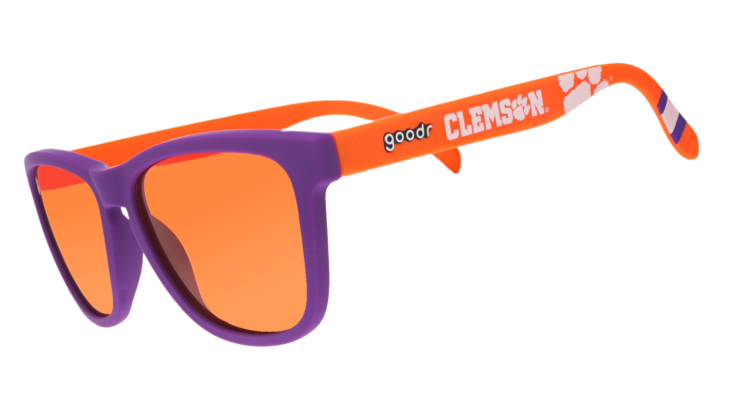 Special edition orange and purple Clemson Universitty goodr sunglasses on a white background.