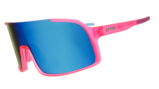Wraparound goodr sunglasses with blue lenses and pink frames