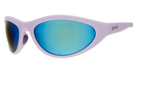 A pair of oval sunglasses with lilac frames and blue reflective lenses