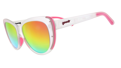 White and pink goodr cat-eye sunglasses with rainbow lenses