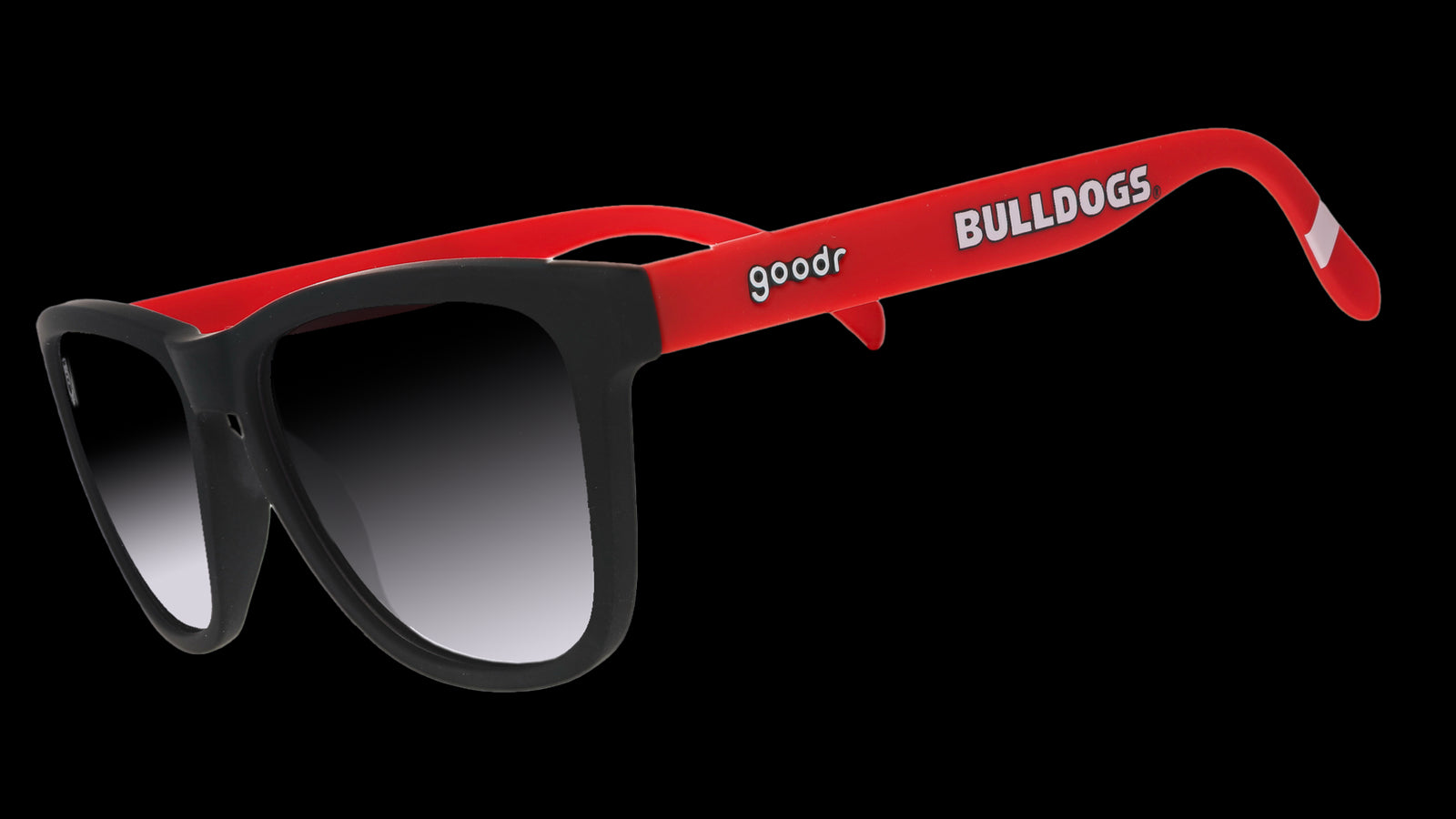 A pair of sunglasses with black frames and lenses, and red temples that have the word "Bulldogs" written in white along the side.