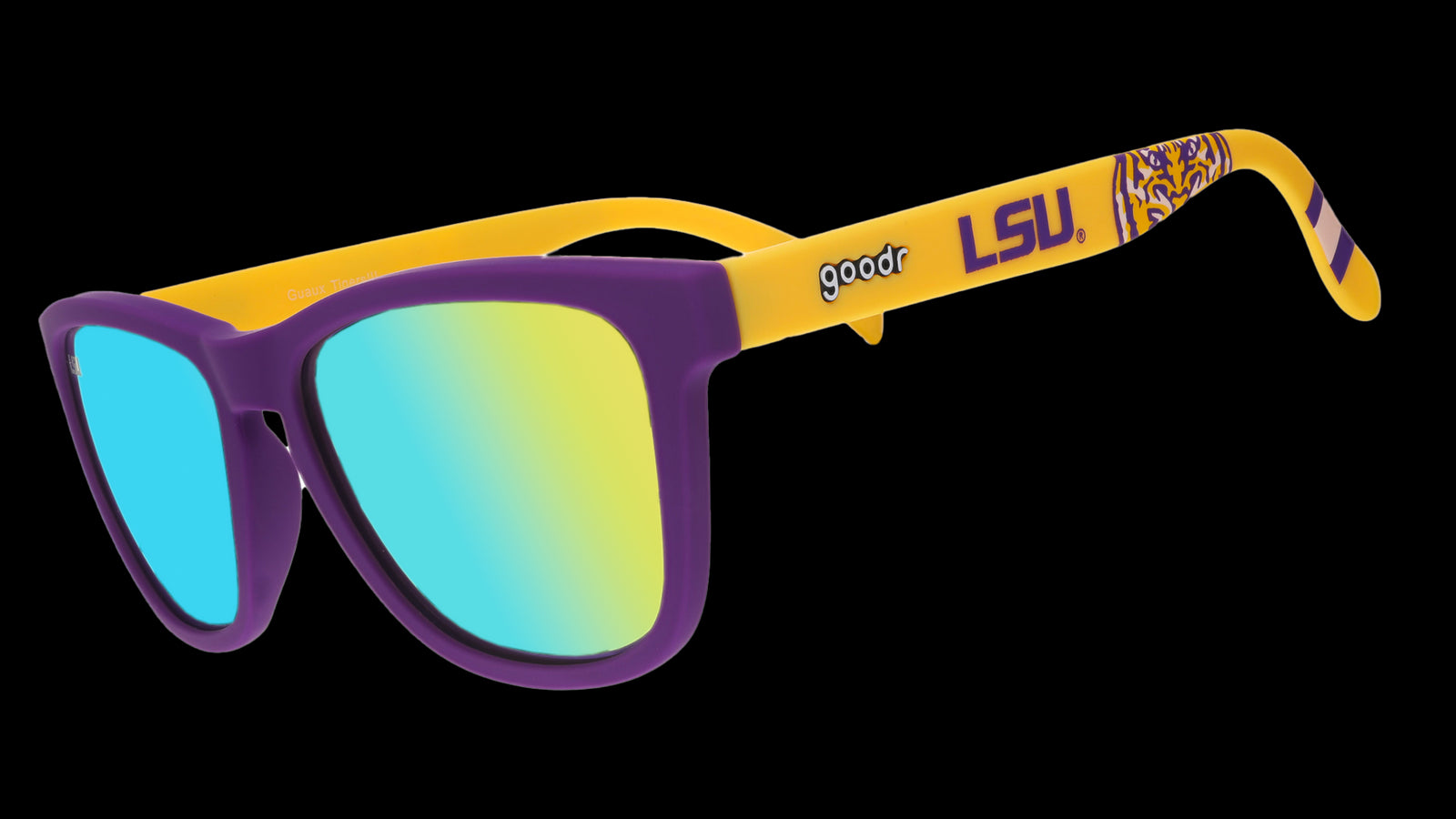 LSU purple and yellow goodr sunglasses with blue and green lenses
