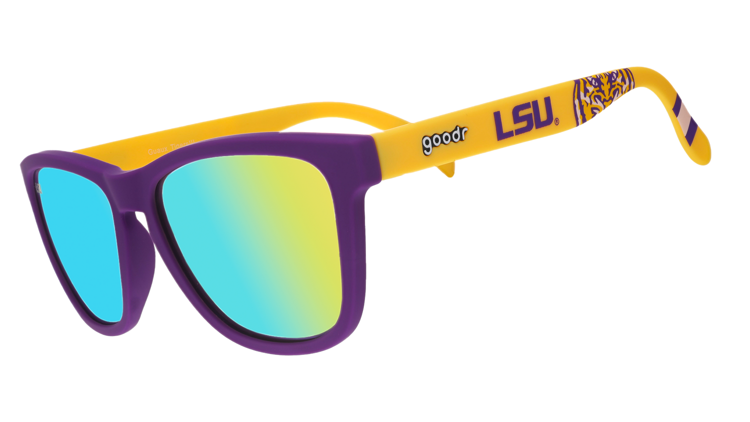 LSU purple and yellow goodr sunglasses with blue and green lenses