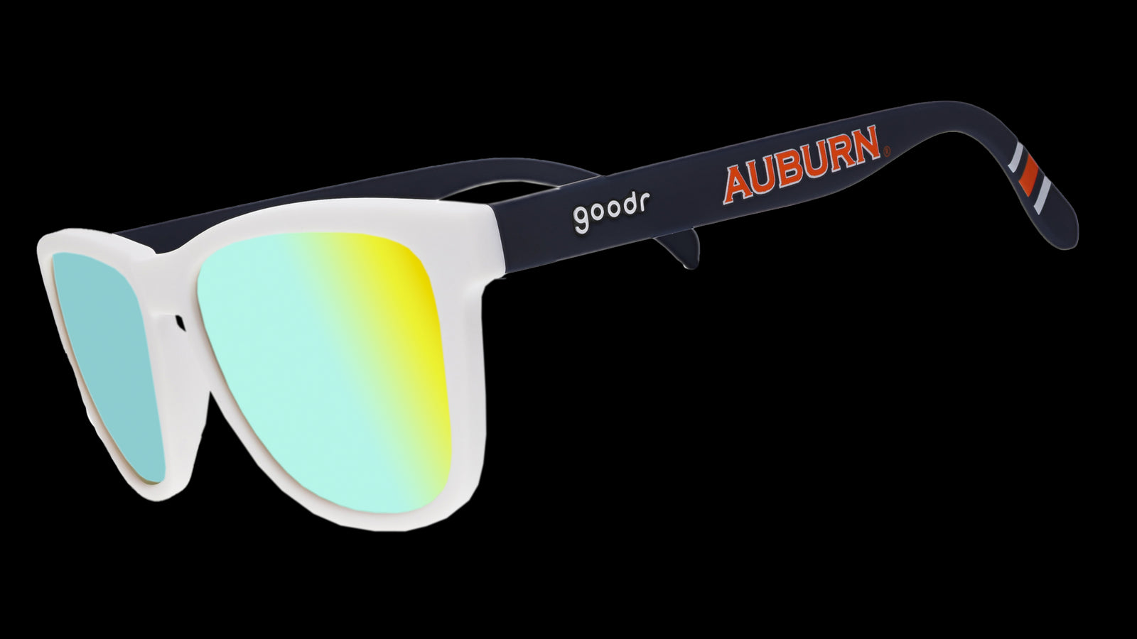 goodr sunglasses with blue, yellow & green lenses, white frames, and navy blue arms with the word "Auburn" written across in orange