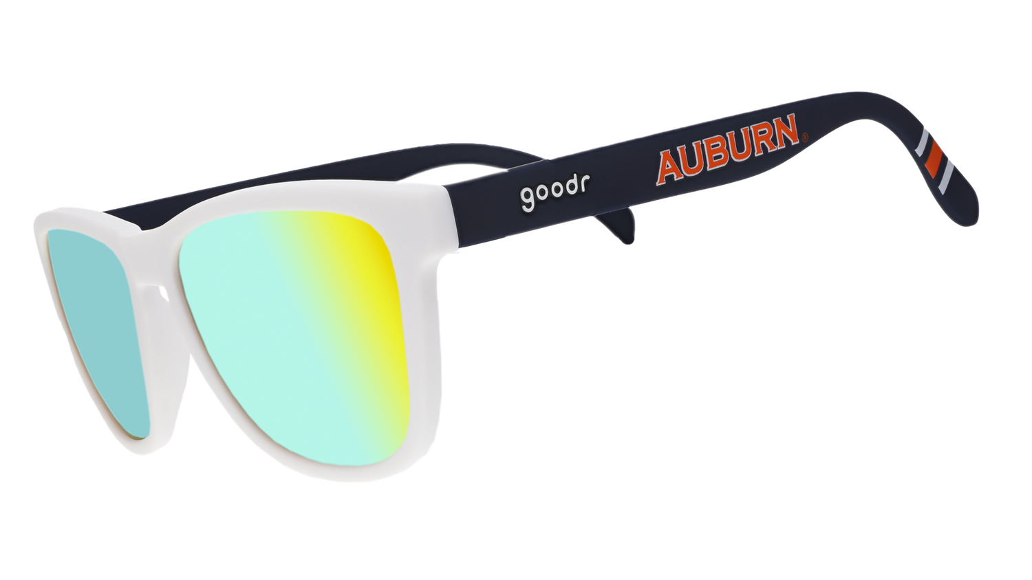 goodr sunglasses with blue, yellow & green lenses, white frames, and navy blue arms with the word "Auburn" written across in orange