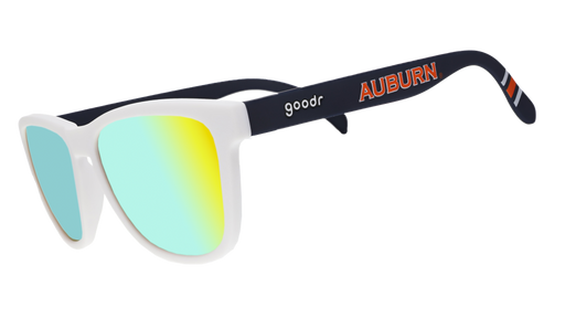 goodr sunglasses with blue, yellow & green lenses, white frames, and navy blue arms with the word "Auburn" written across in orange