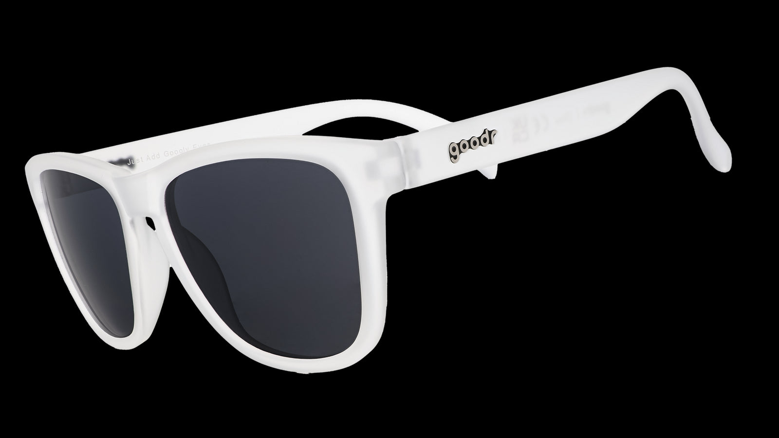 Three-quarter view of a pair of clear sunglasses with black non-reflective lenses in a classic frame shape.