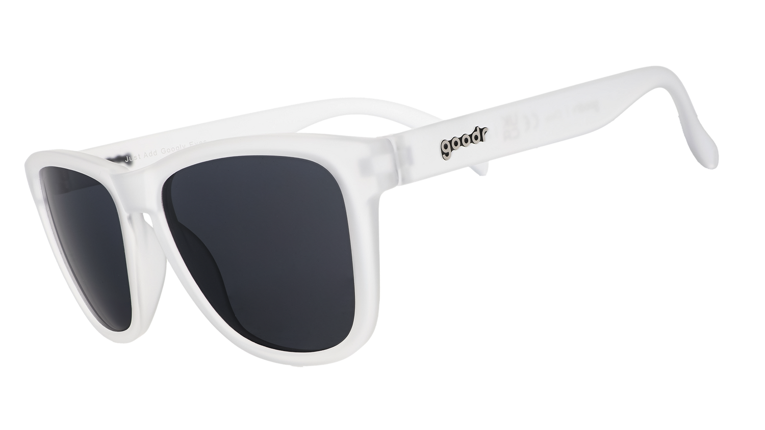 Three-quarter view of a pair of clear sunglasses with black non-reflective lenses in a classic frame shape.