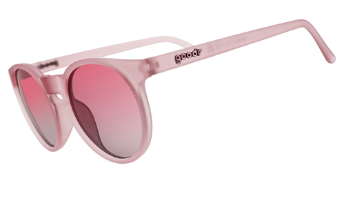 A pair of pink goodr sunglasses with round frames and pink lenses