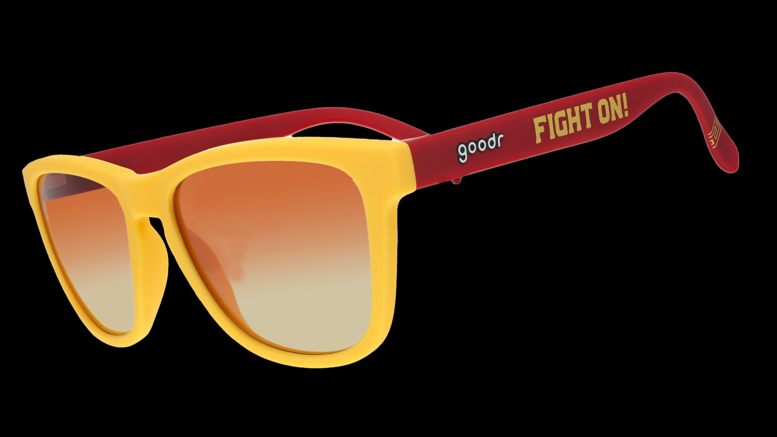 A pair of sunglasses with bright yellow frames and red arms, featuring the words "Fight On!" in bold yellow text on the side. The lenses have a gradient from orange to light.