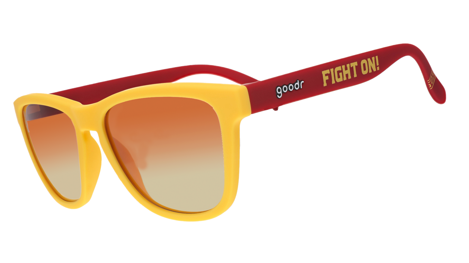 A pair of sunglasses with bright yellow frames and red arms, featuring the words "Fight On!" in bold yellow text on the side. The lenses have a gradient from orange to light.