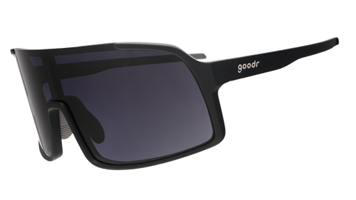 goodr wraparound sunglasses with black temples and dark lenses