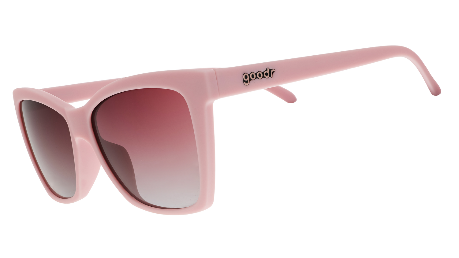 A pair of cat-eye sunglasses with light pink frames and rosy lenses.