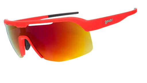 Sports sunglasses with a bright red frame and a wraparound reflective lens with an orange-red gradient.