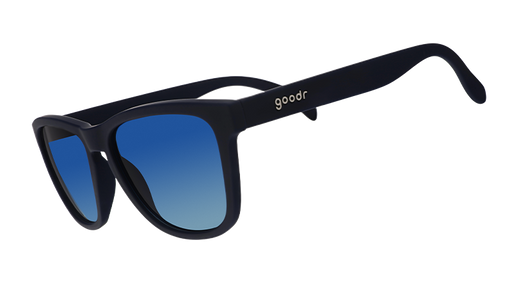 Sunglasses with a sleek navy frame and blue gradient lenses. The arms are solid black, featuring the goodr logo in white near the hinge.