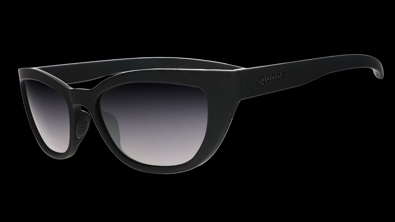 Three-quarter angle view of a pair of black cat-eye Cheetah G shades with black gradient lenses.