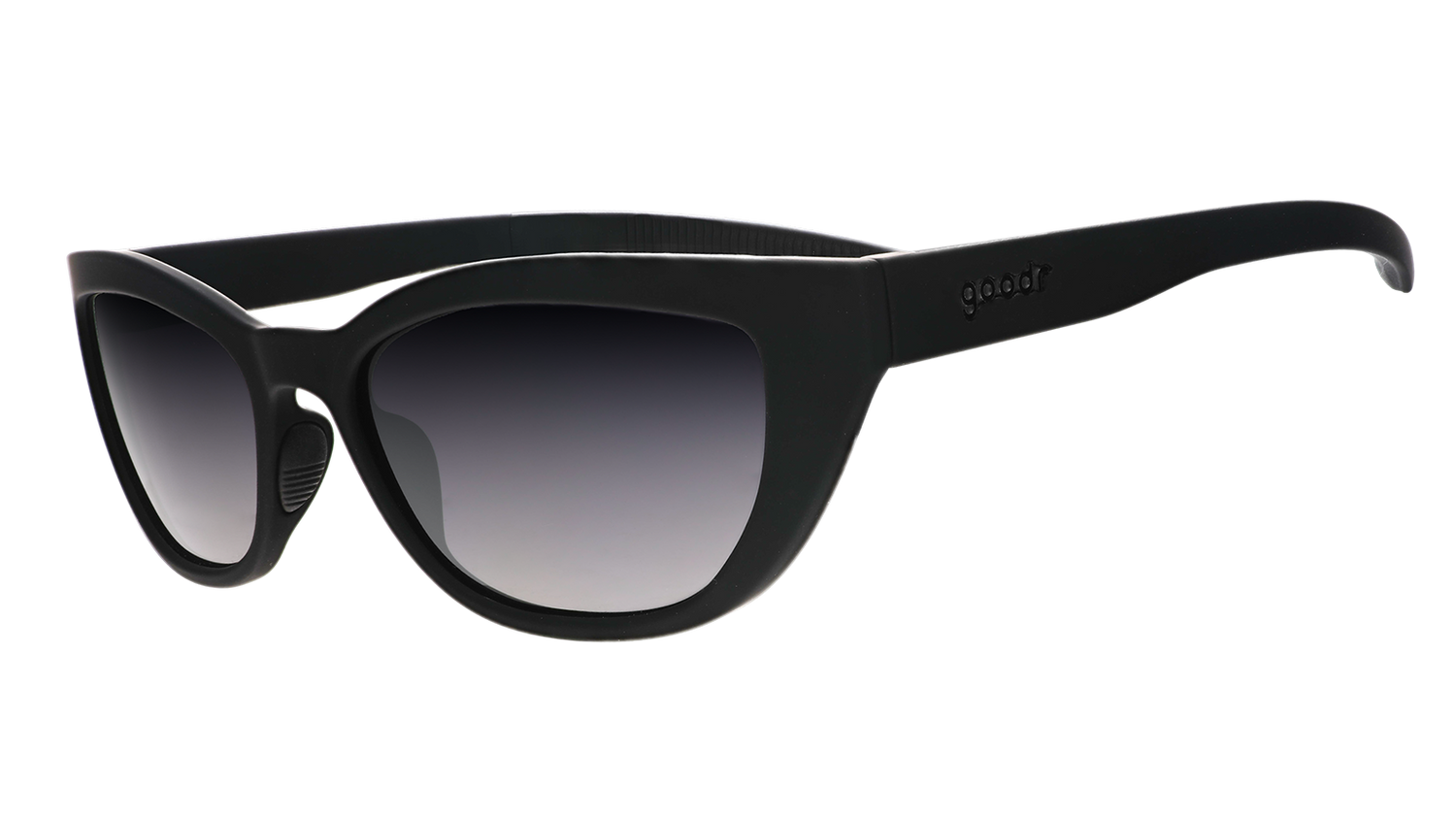 Three-quarter angle view of a pair of black cat-eye Cheetah G shades with black gradient lenses.