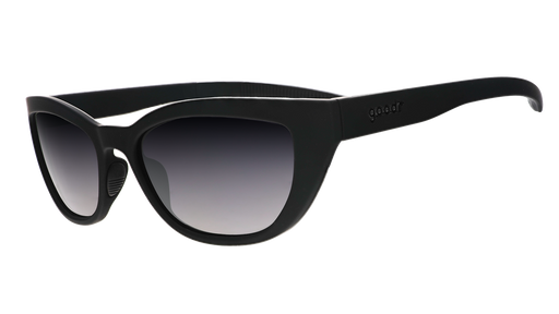 Three-quarter angle view of a pair of black cat-eye Cheetah G shades with black gradient lenses.
