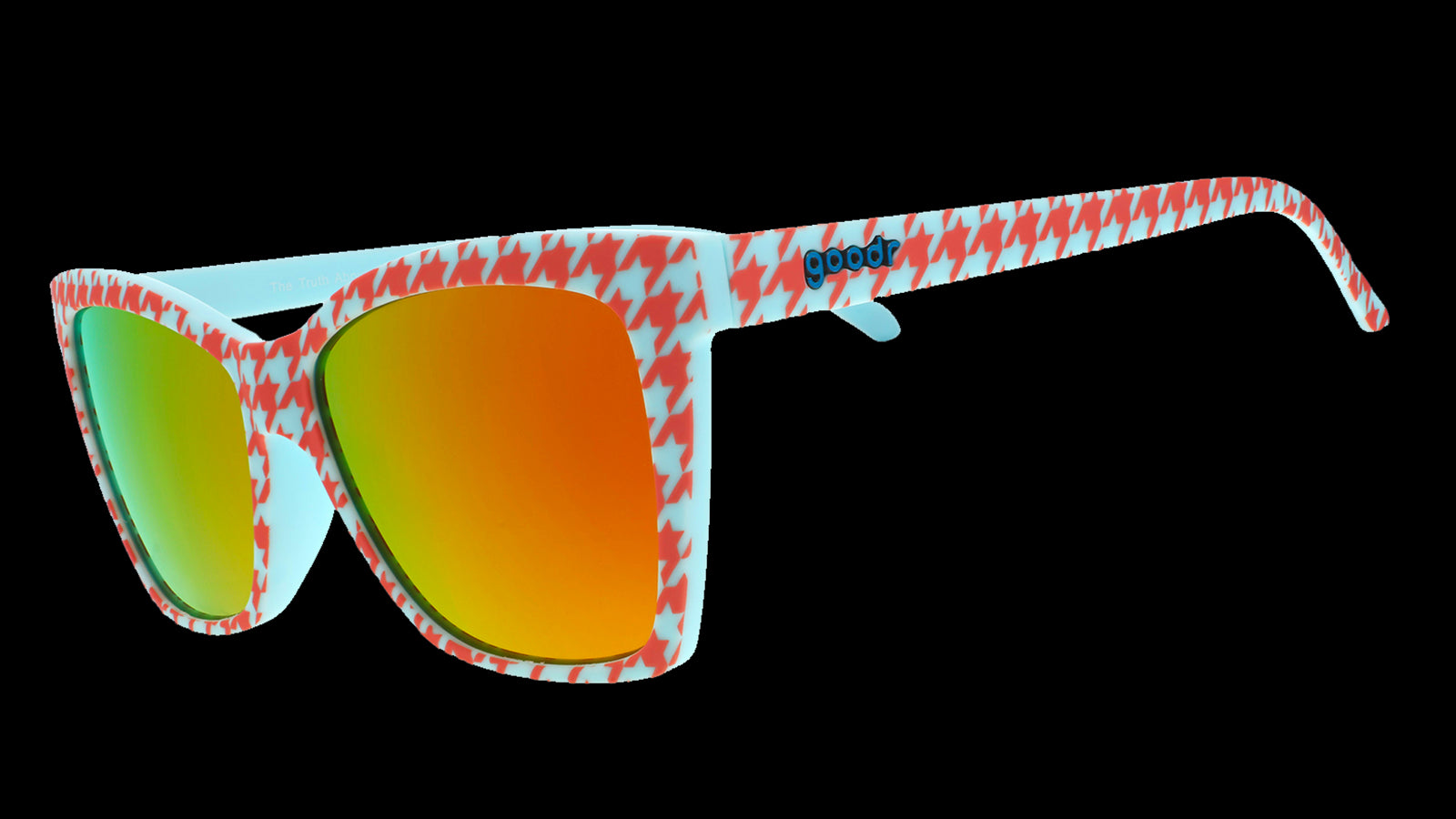 Three-quarter angle view of a pair of blue and orange houndstooth print Pop G shades with burnt-orange reflective lenses.