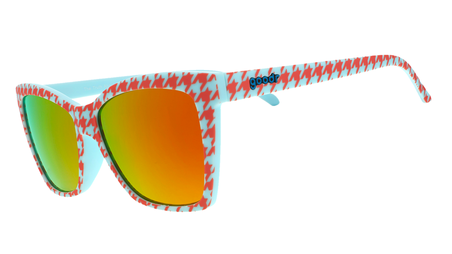 Three-quarter angle view of a pair of blue and orange houndstooth print Pop G shades with burnt-orange reflective lenses.