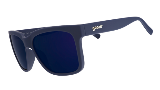 Three-quarter angle view of dark blue sunglasses with dark blue lenses designed to float in water.