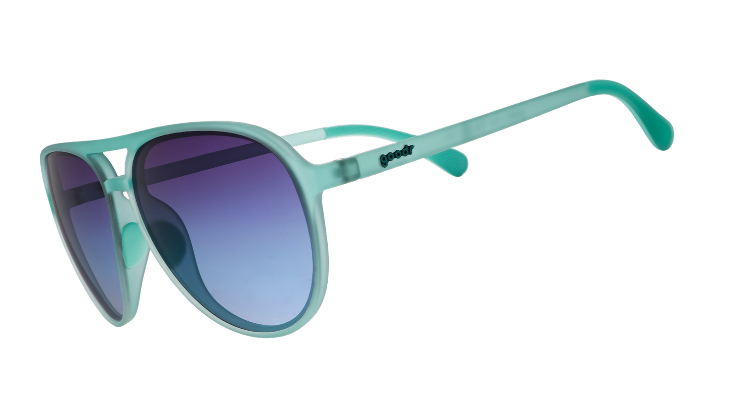 Three-quarter angle view of translucent teal aviator sunglasses with dark blue gradient lenses.