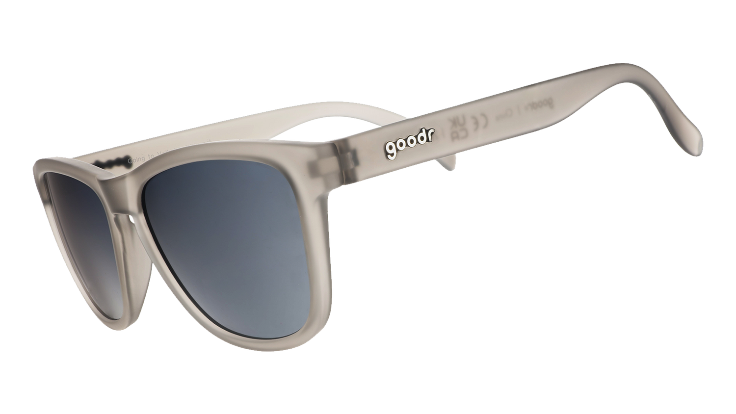 A pair of grey, square shaped sunglasses on a white background.
