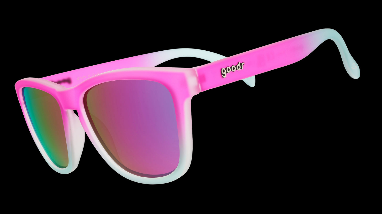 Three-quarter view of pink-to-light-blue gradient wayfarer-style goodr sunglasses with purple-pink reflective lenses.