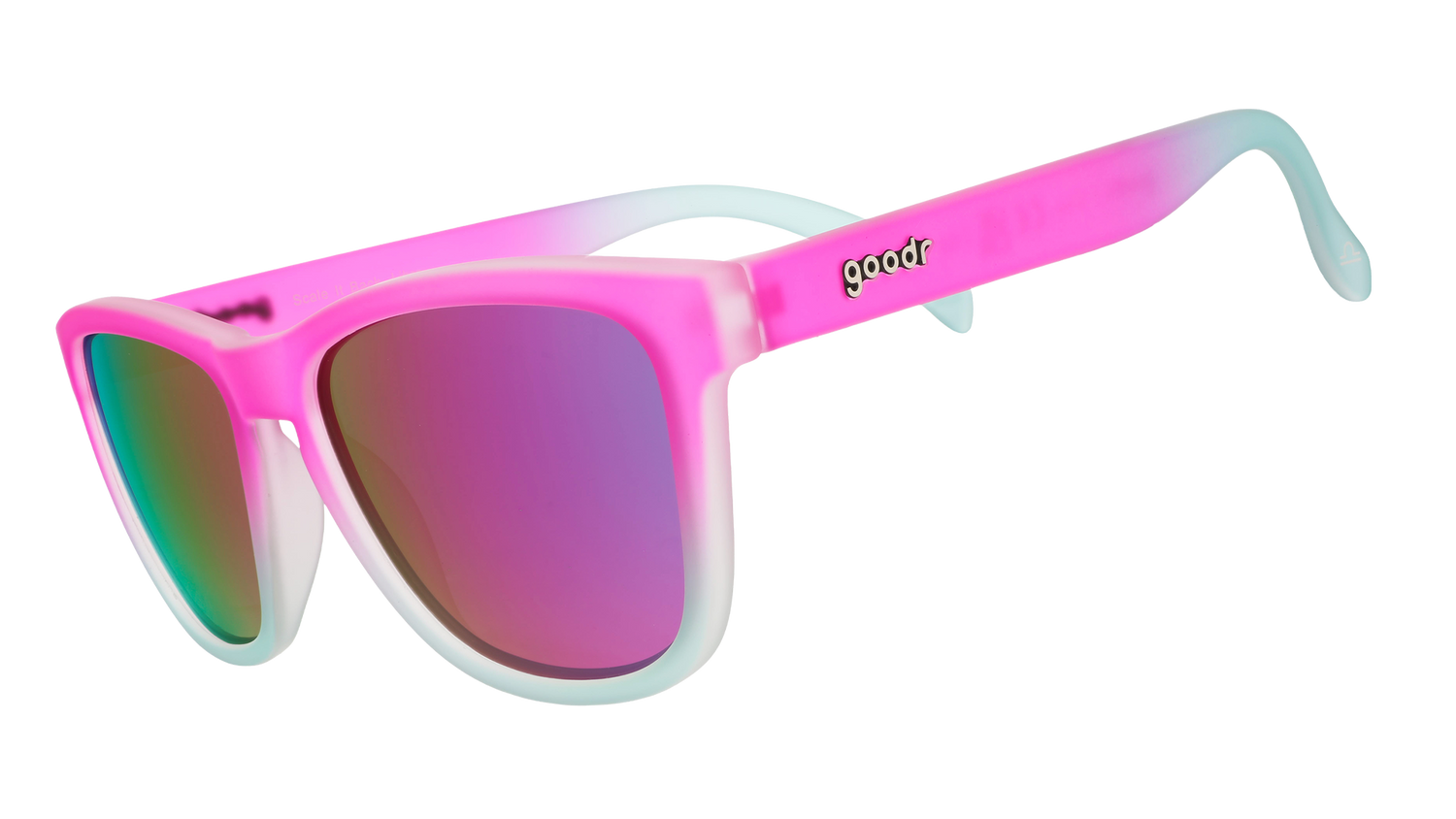 Three-quarter view of pink-to-light-blue gradient wayfarer-style goodr sunglasses with purple-pink reflective lenses.