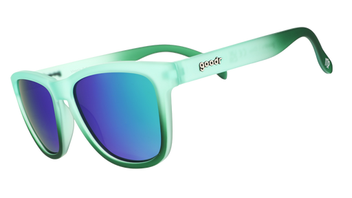 Three-quarter view of light-to-dark green gradient wayfarer-style goodr sunglasses with green-blue reflective lenses.
