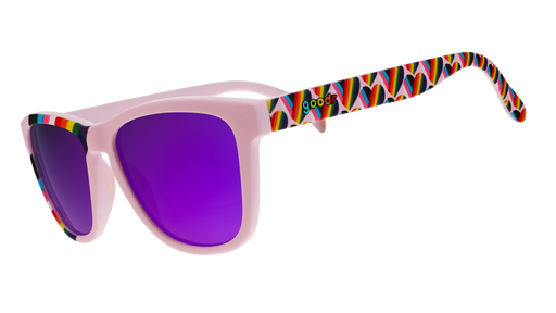 Three-quarter angle view of LGBTQ+ Pride sunglasses with a lilac rainbow flag hearts-patterned frame and purple lenses.
