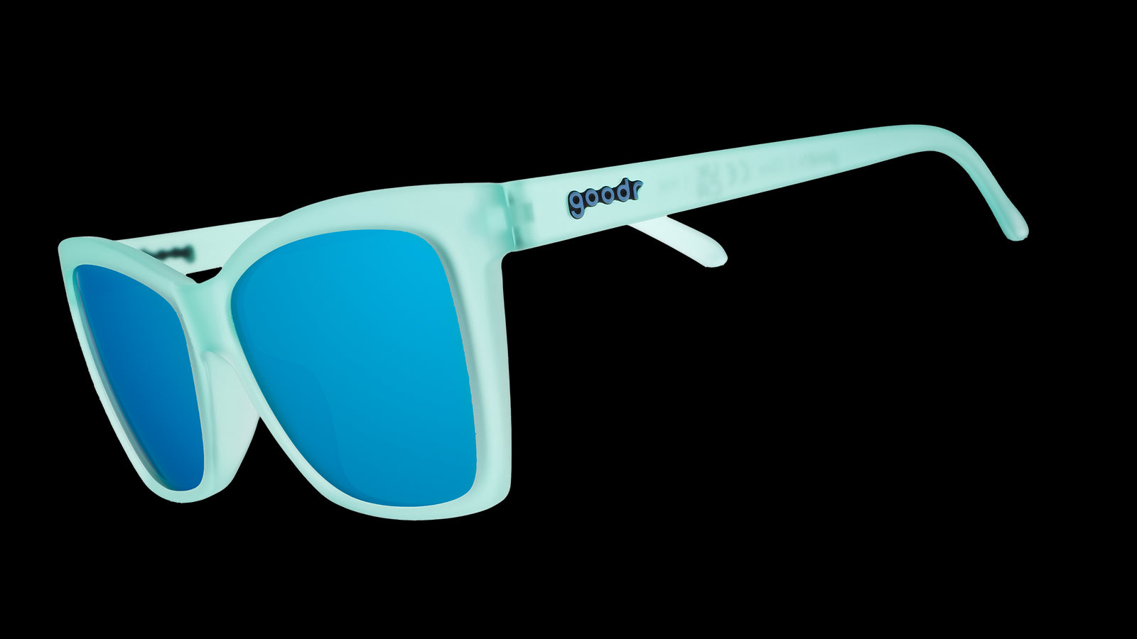 Three-quarter angle view of translucent teal angular sunglasses with reflective teal lenses.