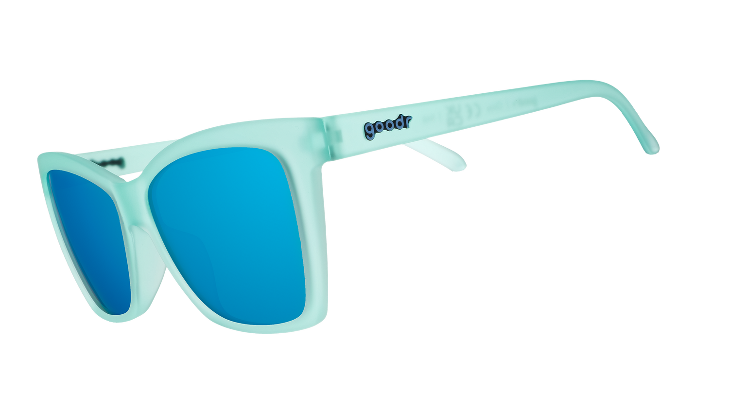 Three-quarter angle view of translucent teal angular sunglasses with reflective teal lenses.