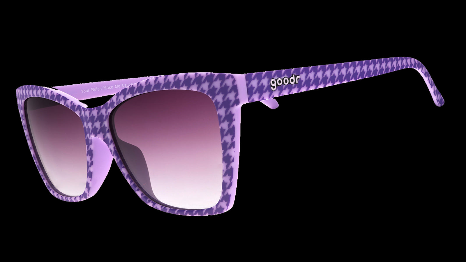 Three-quarter angle view of purple houndstooth print Pop Gs with purple gradient lenses.