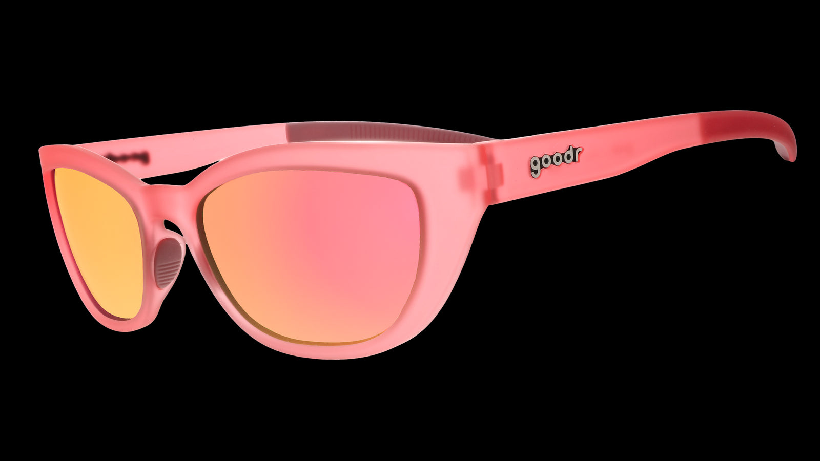 Three-quarter angle view of a pair of translucent pink cat-eye Cheetah G frames with pink champagne reflective lenses.
