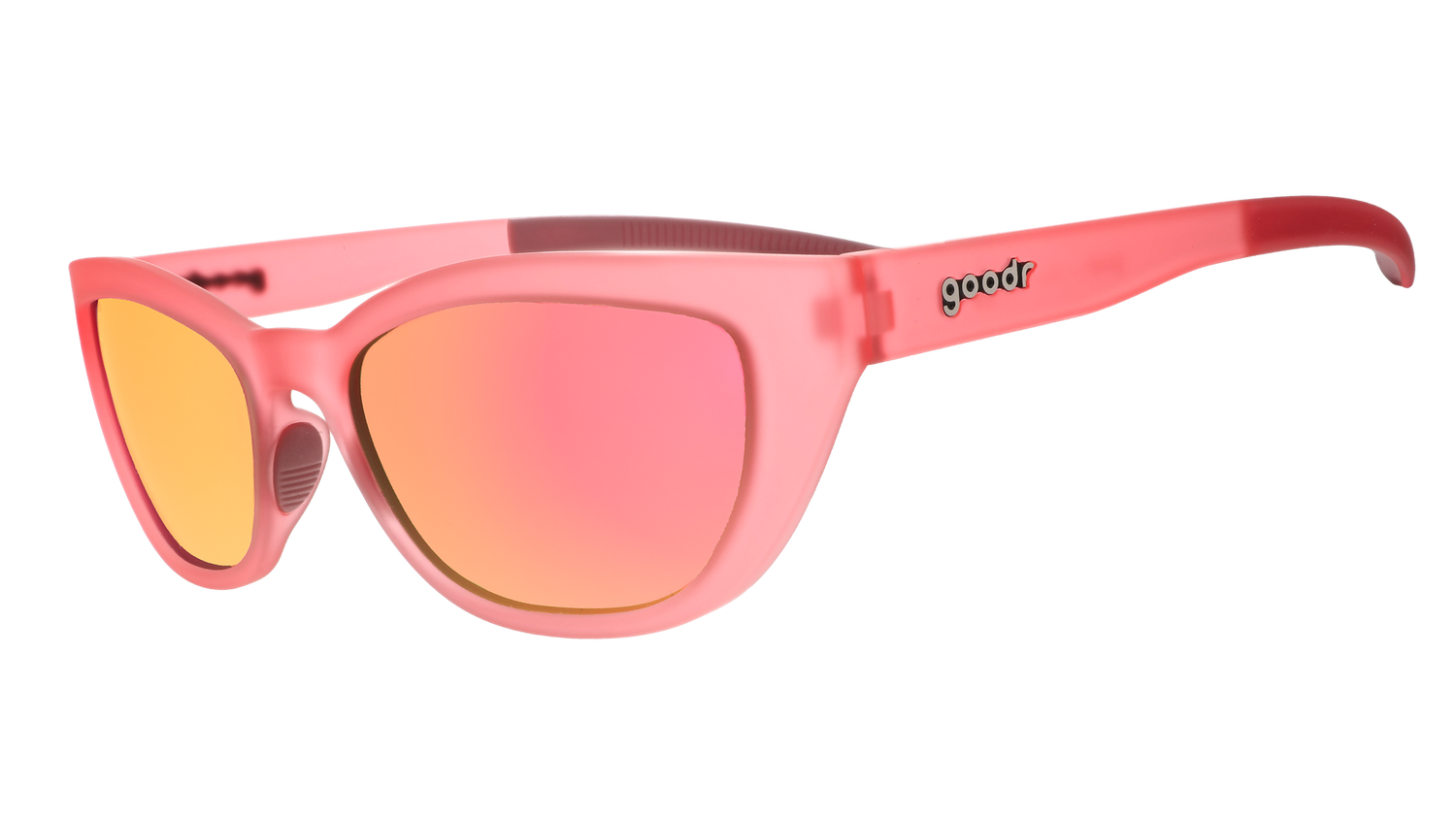 Three-quarter angle view of a pair of translucent pink cat-eye Cheetah G frames with pink champagne reflective lenses.