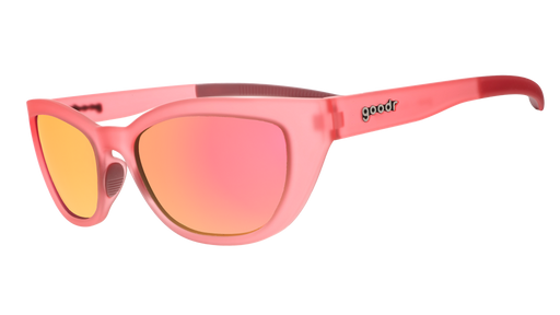 Three-quarter angle view of a pair of translucent pink cat-eye Cheetah G frames with pink champagne reflective lenses.