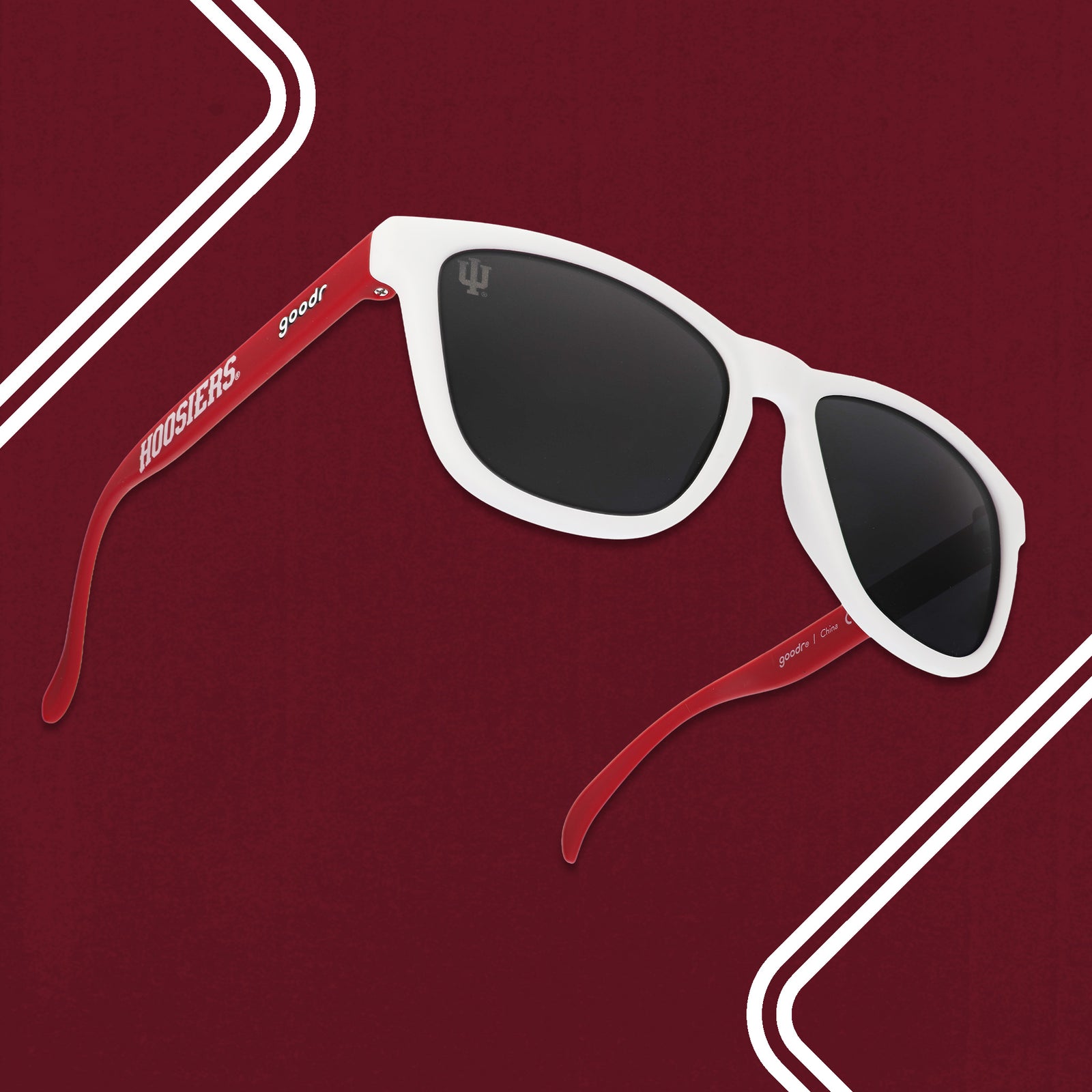 Three-quarter angle view of Indiana University® shades with black lenses on a maroon background.