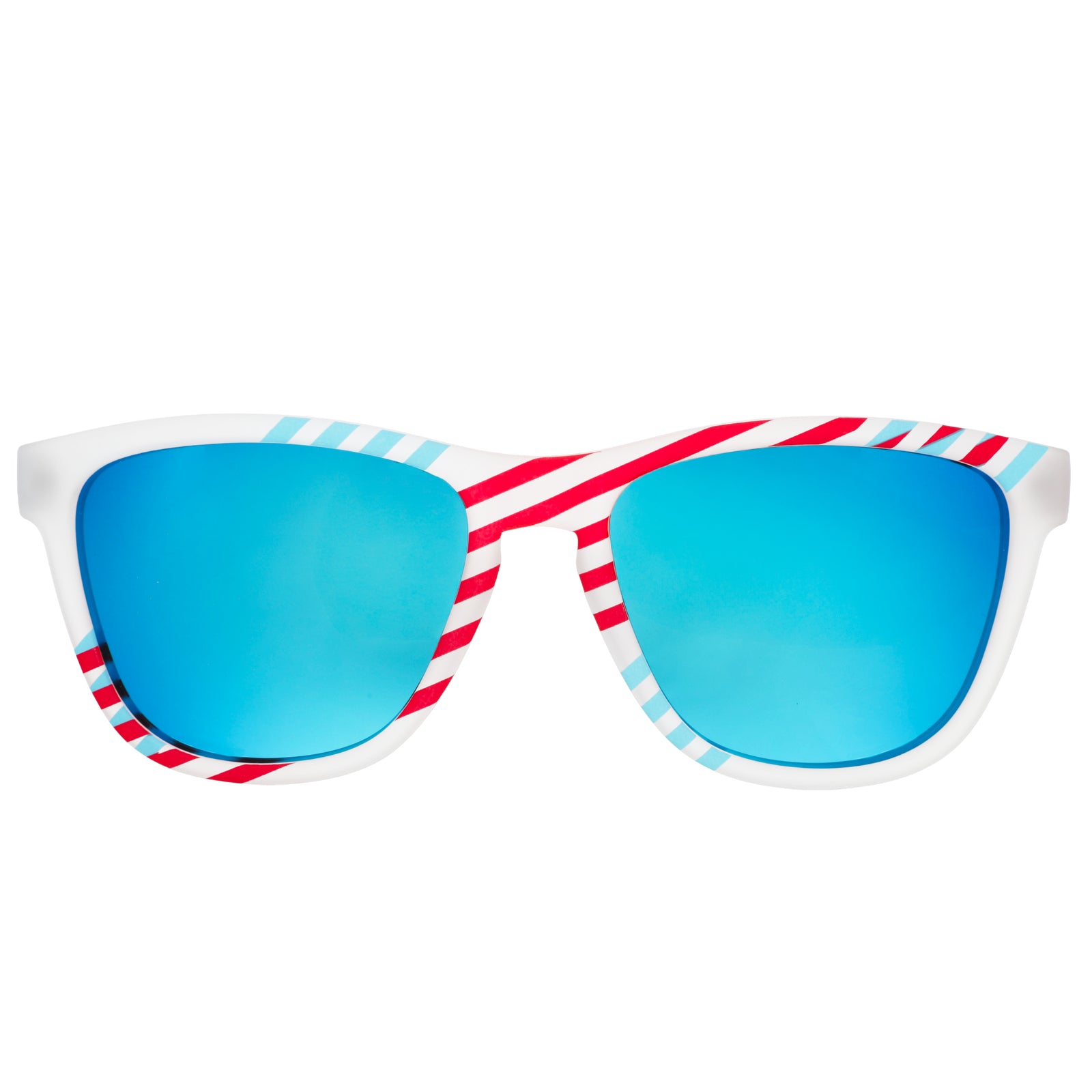 Front view of blue and red striped sunglasses with blue reflective lenses.