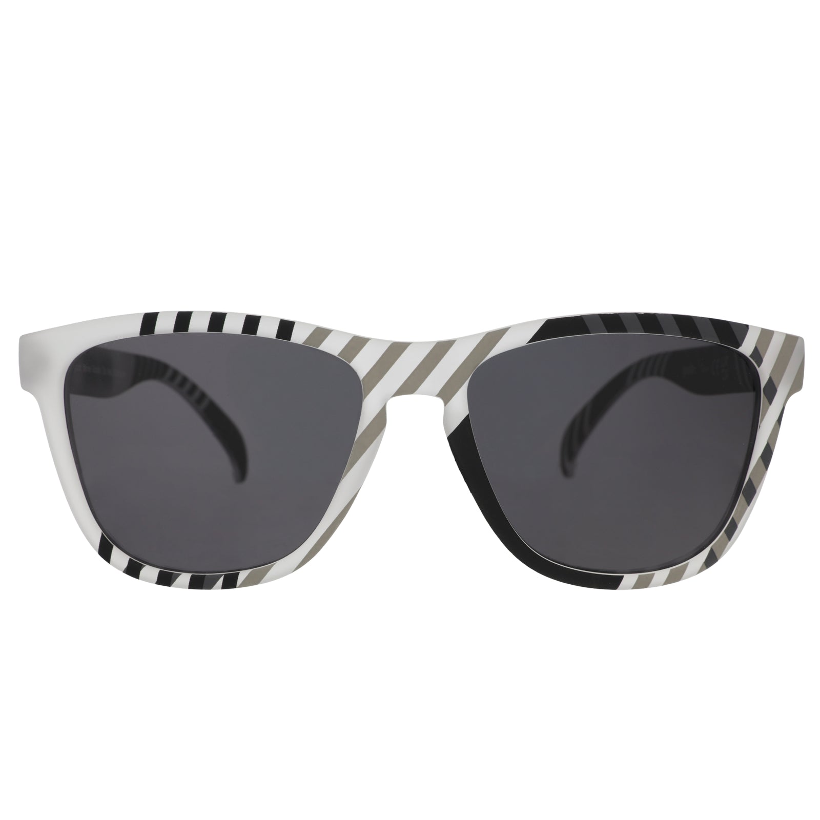 Front view of gray and black sunglasses featuring a geometric print and black non-reflective lenses.