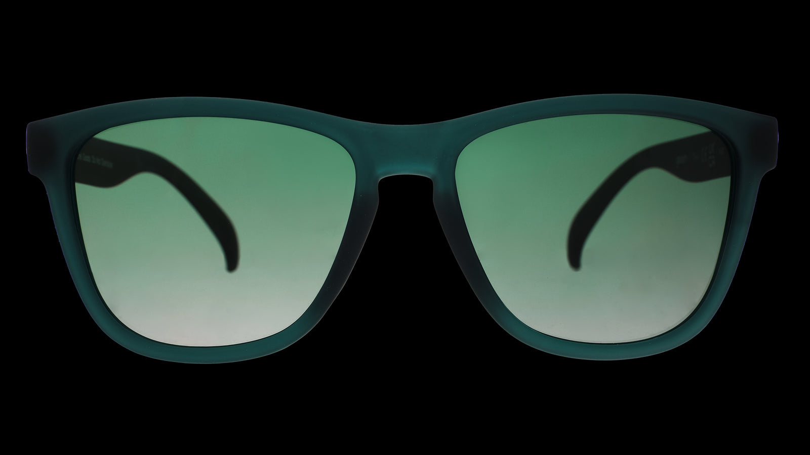 Front view of classic dark teal sunglasses with green gradient lenses.